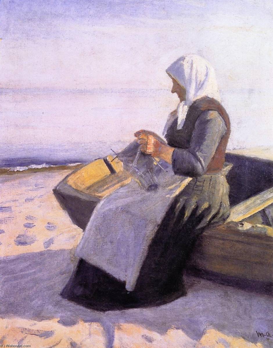 Order Oil Painting Replica Fisherman`s Wife Knitting on Skagen Beach by Michael Peter Ancher (1849-1927) | ArtsDot.com