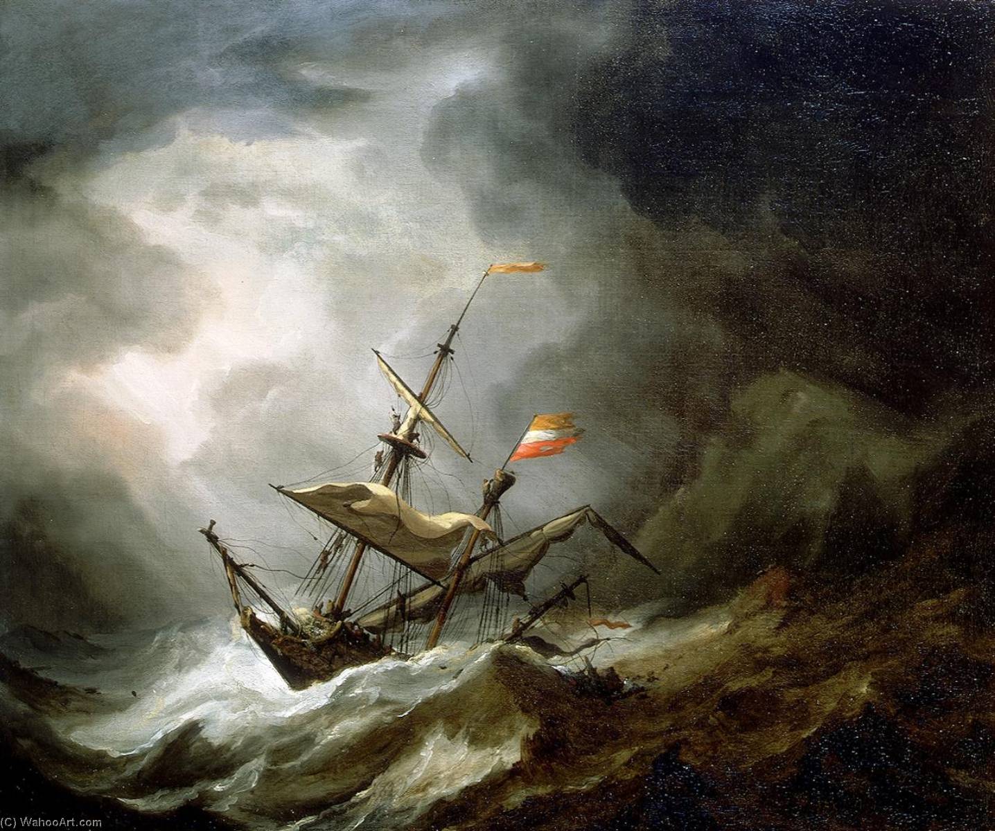 Order Art Reproductions A Mediterranean Brigantine Drifting Onto a Rocky Coast in a Storm, 1700 by Willem Van De Velde The Younger | ArtsDot.com