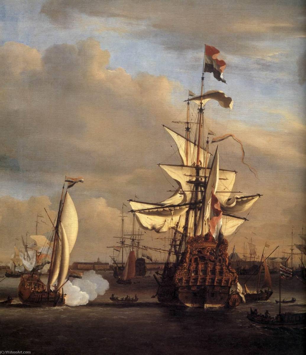 Order Paintings Reproductions The Gouden Leeuw before Amsterdam (detail), 1686 by Willem Van De Velde The Younger | ArtsDot.com