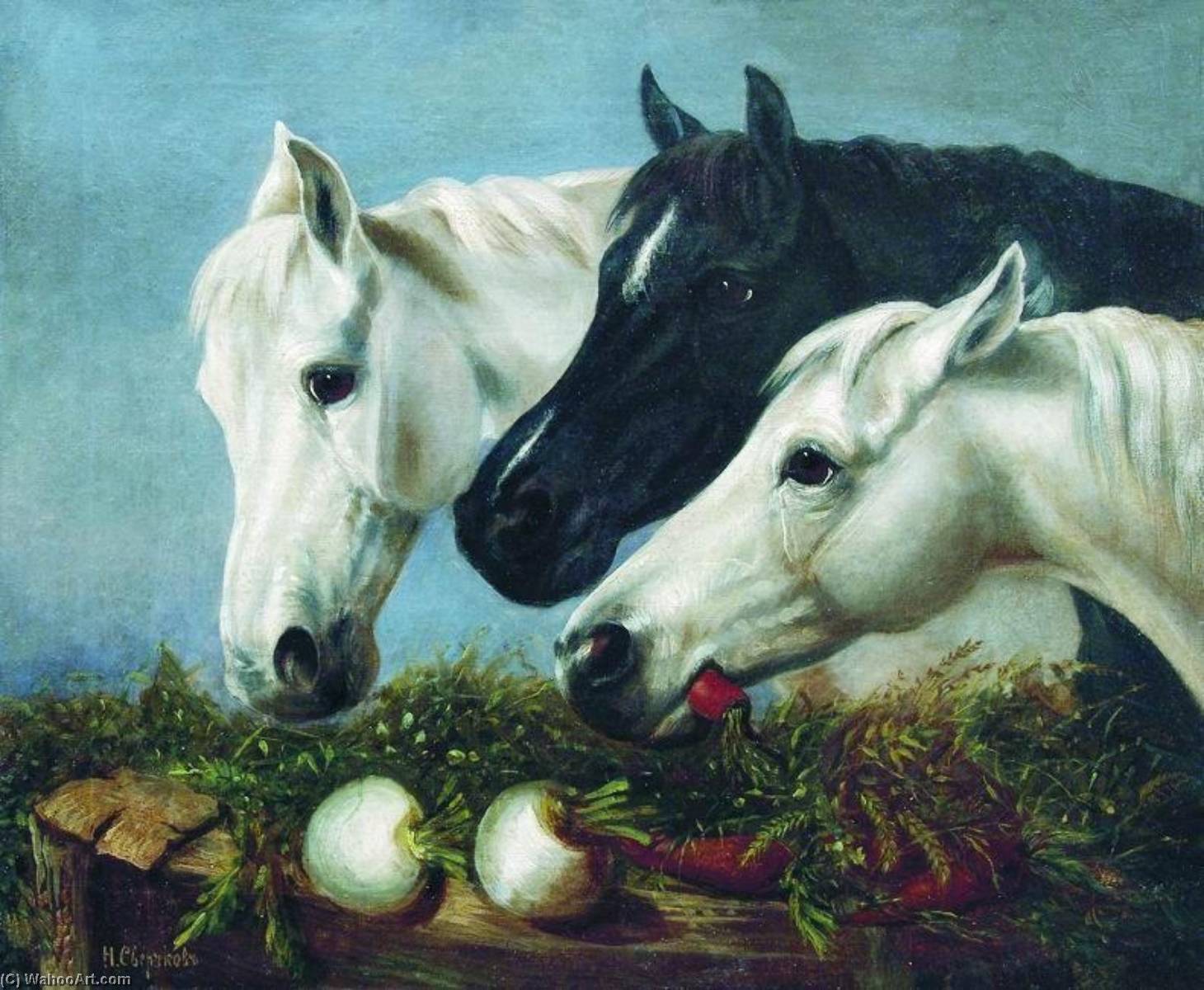 Order Paintings Reproductions Horses` Treat by Nikolai Sverchkov (1817-1898) | ArtsDot.com