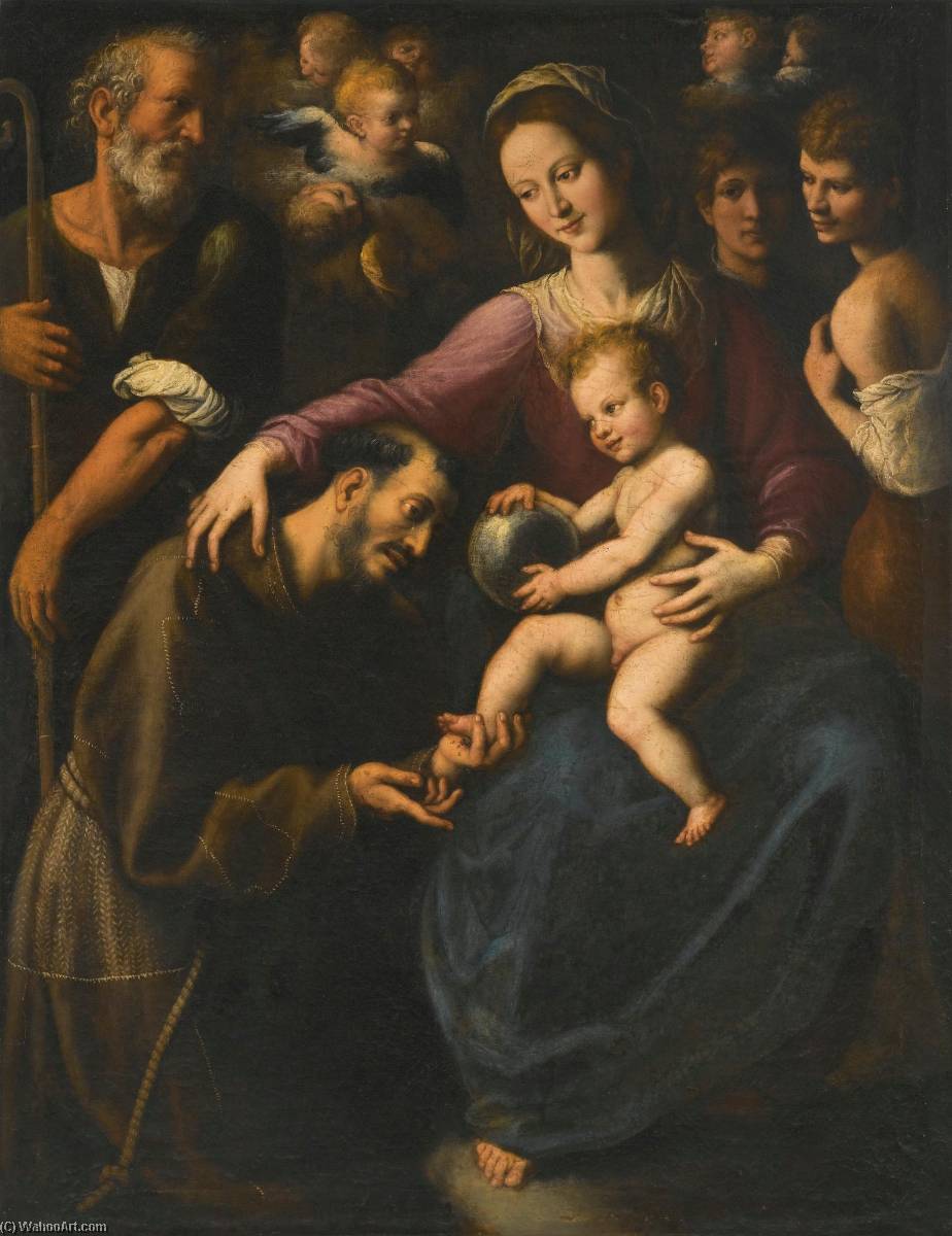 Buy Museum Art Reproductions The Holy Family with Saint Francis of Assisi adoring the Christ Child, with two youths and angels above by Fabrizio Santafede (1560-1634) | ArtsDot.com