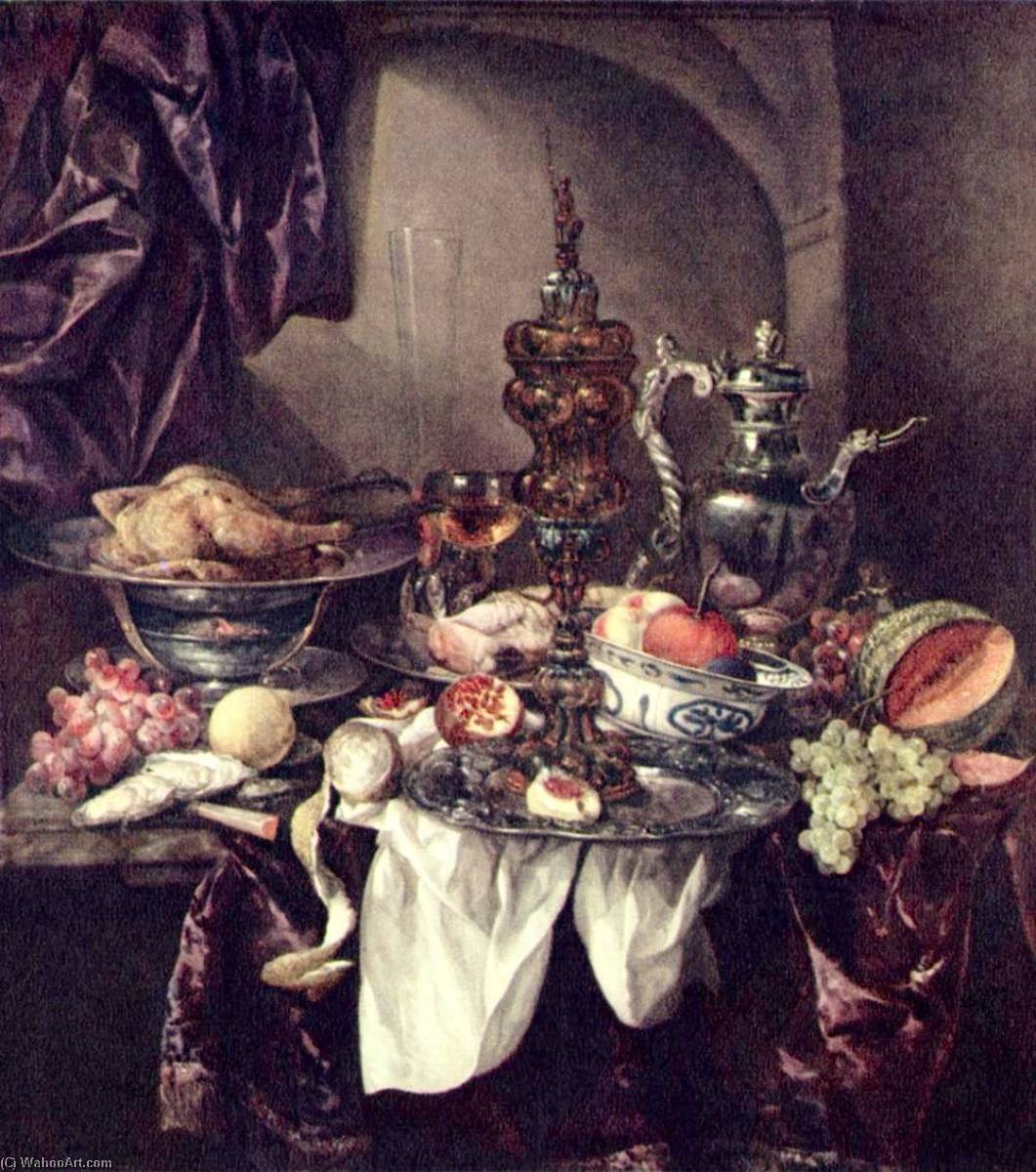 Order Artwork Replica Still life with fruit, roast, silver and glassware, porcelain and columbine cup on a dark tablecloth with white serviette, 1670 by Abraham Hendriksz Van Beijeren | ArtsDot.com