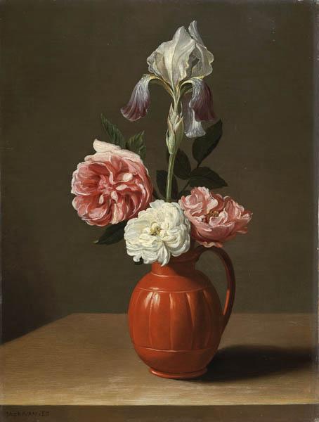 Order Paintings Reproductions An Iris and Three Roses in an Earthenware Pot by Jacob Foppens Van Es (1596-1666) | ArtsDot.com