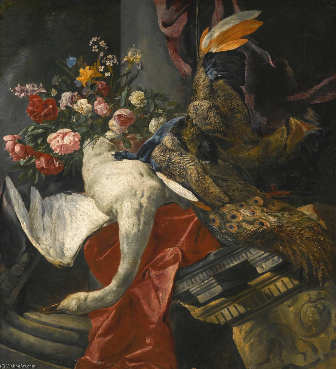 Order Paintings Reproductions Still life of peonies, roses and other flowers in a terracotta vase, together with a swan, peacock and boar`s head, resting on a red drape and an antique architectural fragment by Boel Pieter (Boule) (1622-1680, Belgium) | ArtsDot.com