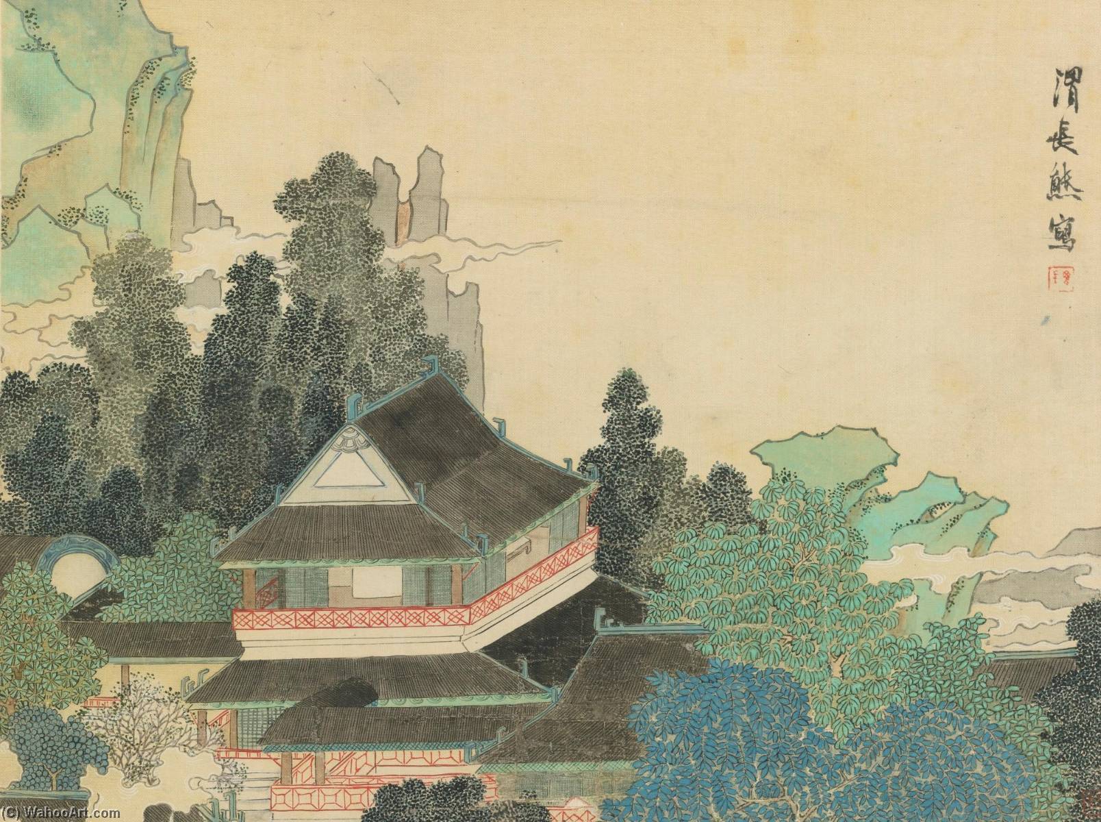 Buy Museum Art Reproductions PAVILION IN ENCHANTED MOUNTAINS by Ren Xiong (1823-1857) | ArtsDot.com