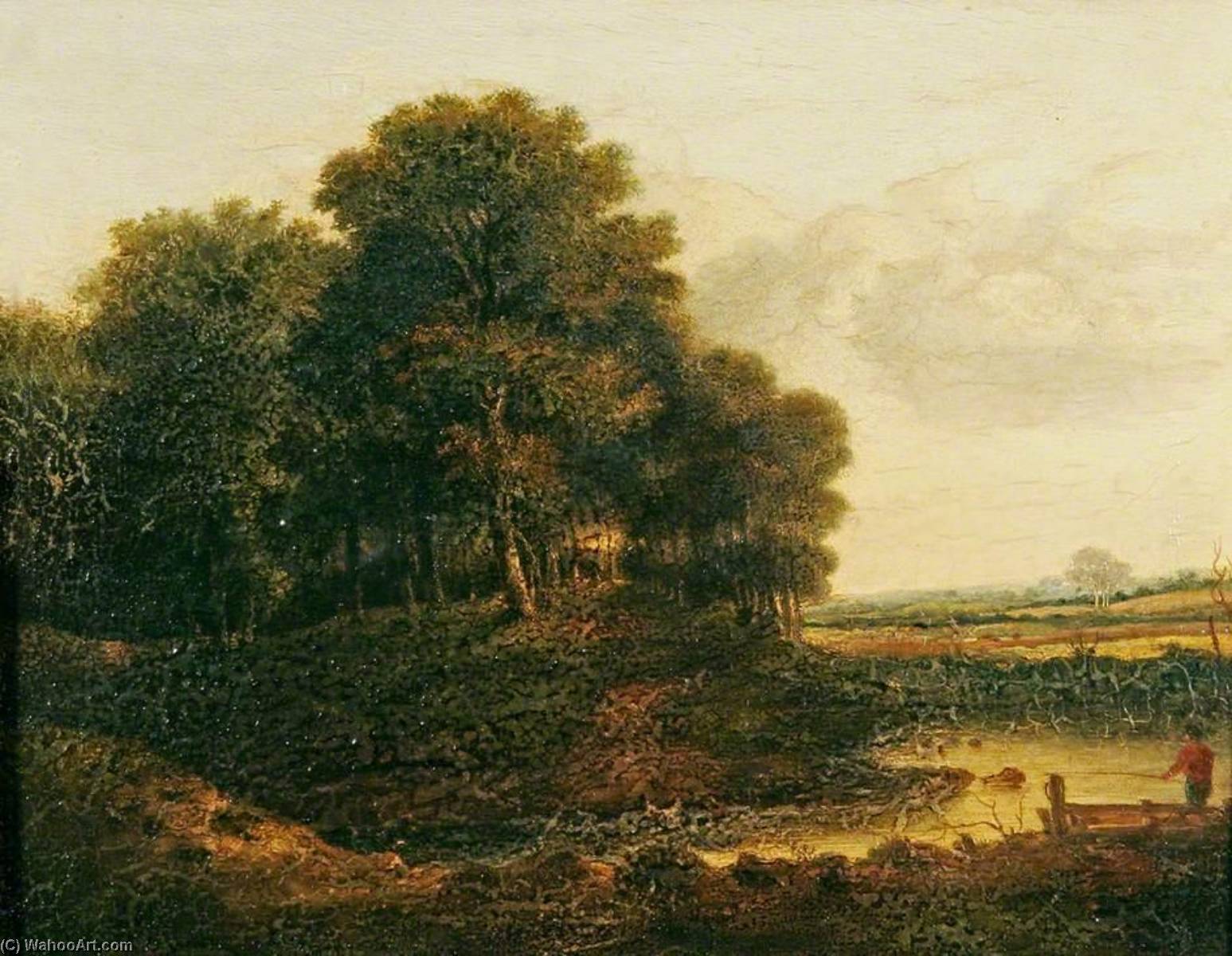 Order Paintings Reproductions A Grove of Trees near a Stream with a Man Fishing from a Boat by William Henry Crome (1806-1873) | ArtsDot.com
