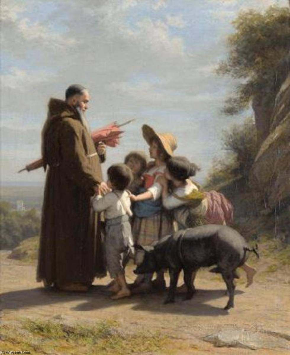Order Paintings Reproductions A Franciscan Monk With Children, 1868 by Alfred Jacques Van Muyden (1818-1898) | ArtsDot.com