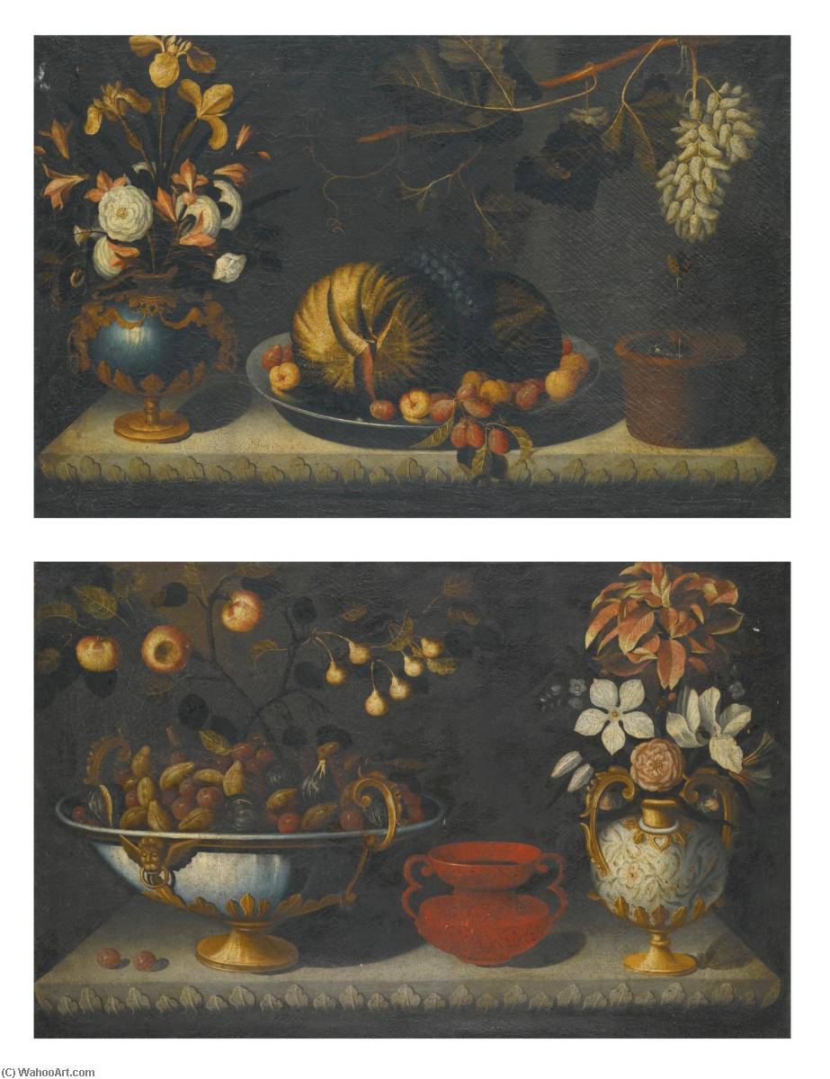 Order Paintings Reproductions Still life with a watermelon on a pewter dish, next to gilt mounted bluestone urn of flowers Still life with plums and figs in a gilt mounted bowl, with a gilt mounted urn of flowers to the right by Bernardo Polo (1686-1700) | ArtsDot.com