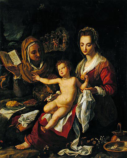 Buy Museum Art Reproductions VIERGE A L`ENFANT AVEC SAINTE ELISABETH by Alessandro Allori (1535-1607, Italy) | ArtsDot.com