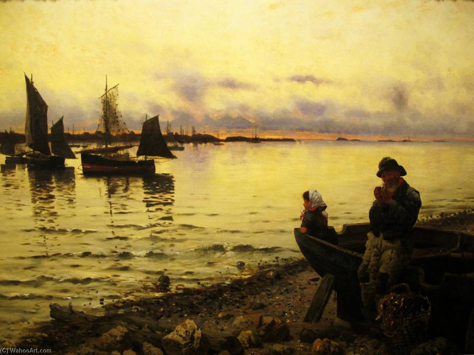 Norwegian Solnedgang på havna Sunset at the harbor by Frithjof Smith Hald Frithjof Smith Hald | ArtsDot.com