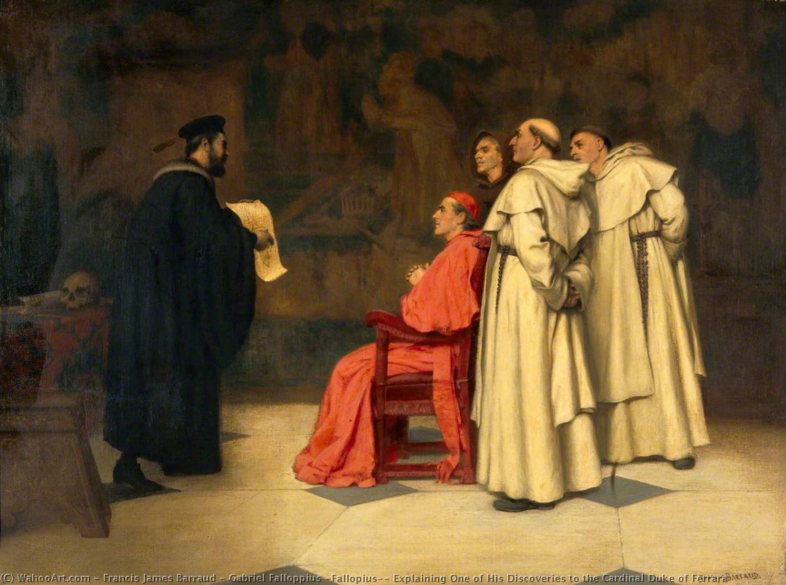 Bestellen Gemälde Reproduktionen Gabriel Falloppius (Fallopius), Erklären einer seiner Entdeckungen an den Kardinal Duke von Ferrara von Francis James Barraud (1856-1924) | ArtsDot.com