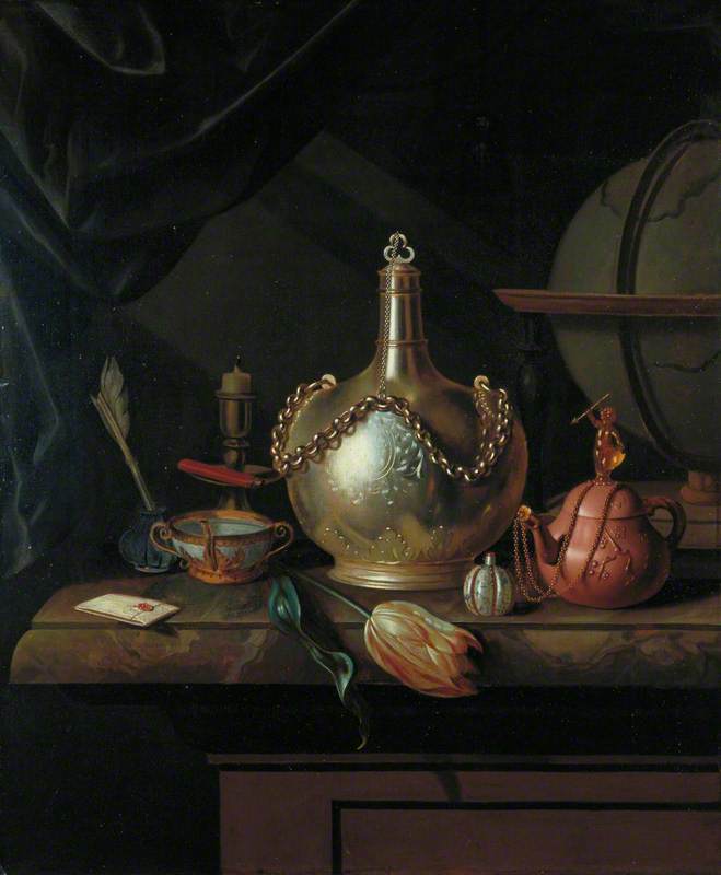 Order Oil Painting Replica Chained Flask, Brown Teapot and Globe, 1690 by Pieter Gerritsz Van Roestraeten (1630-1700, Netherlands) | ArtsDot.com