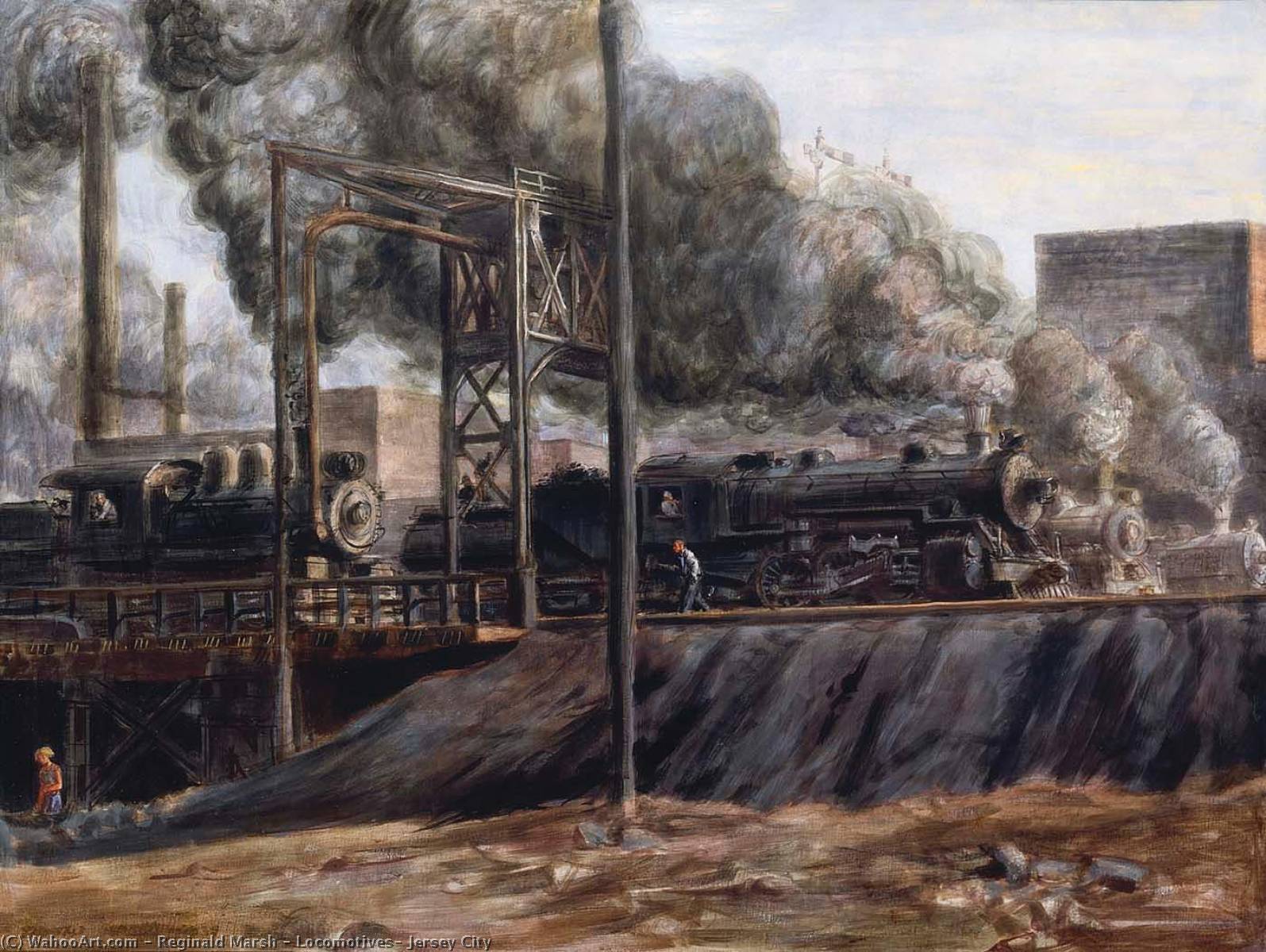 Order Paintings Reproductions Locomotives, Jersey City, 1934 by Reginald Marsh (Inspired By) (1898-1954, France) | ArtsDot.com