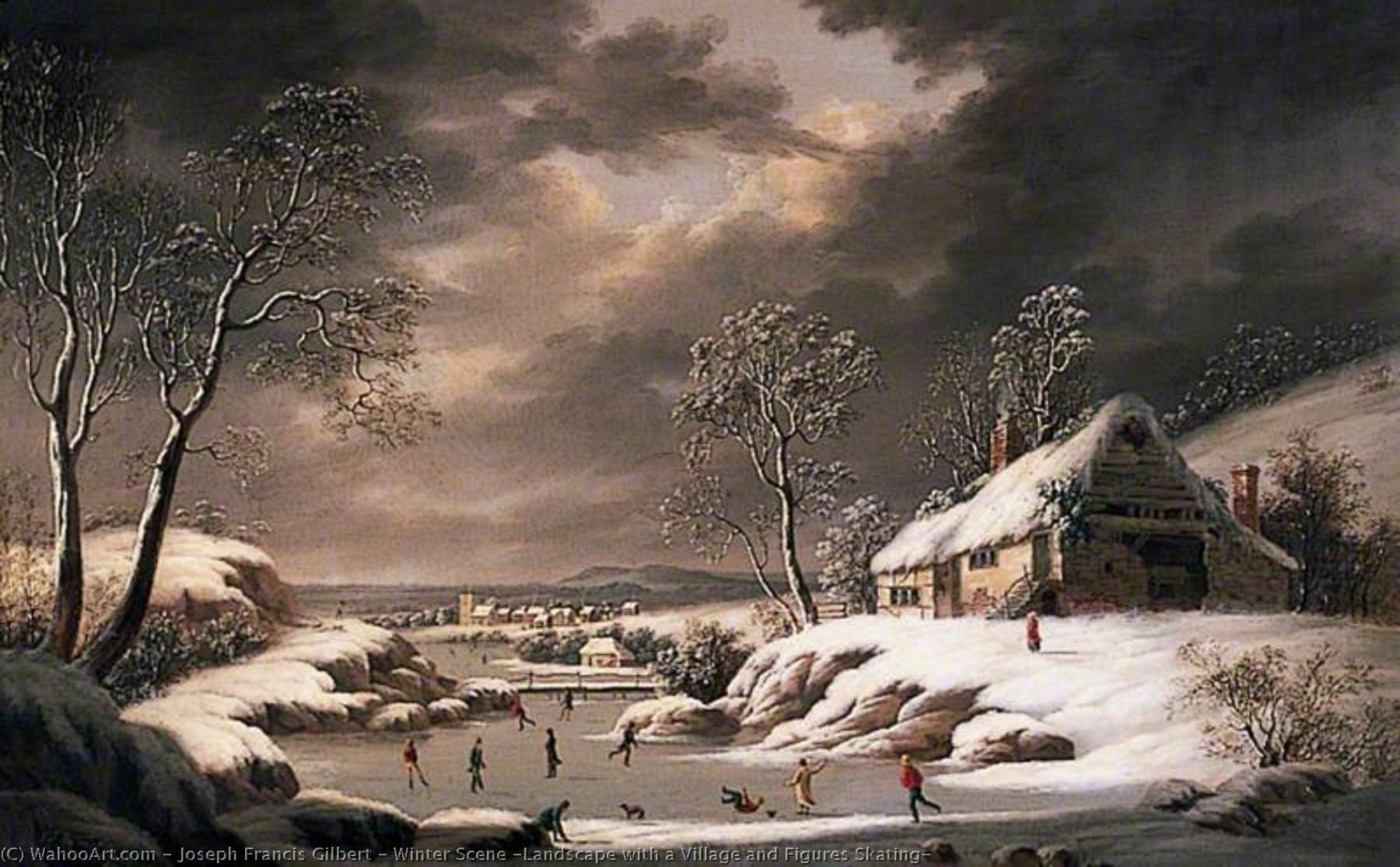 Order Paintings Reproductions Winter Scene (Landscape with a Village and Figures Skating), 1834 by Joseph Francis Gilbert (1792-1855) | ArtsDot.com