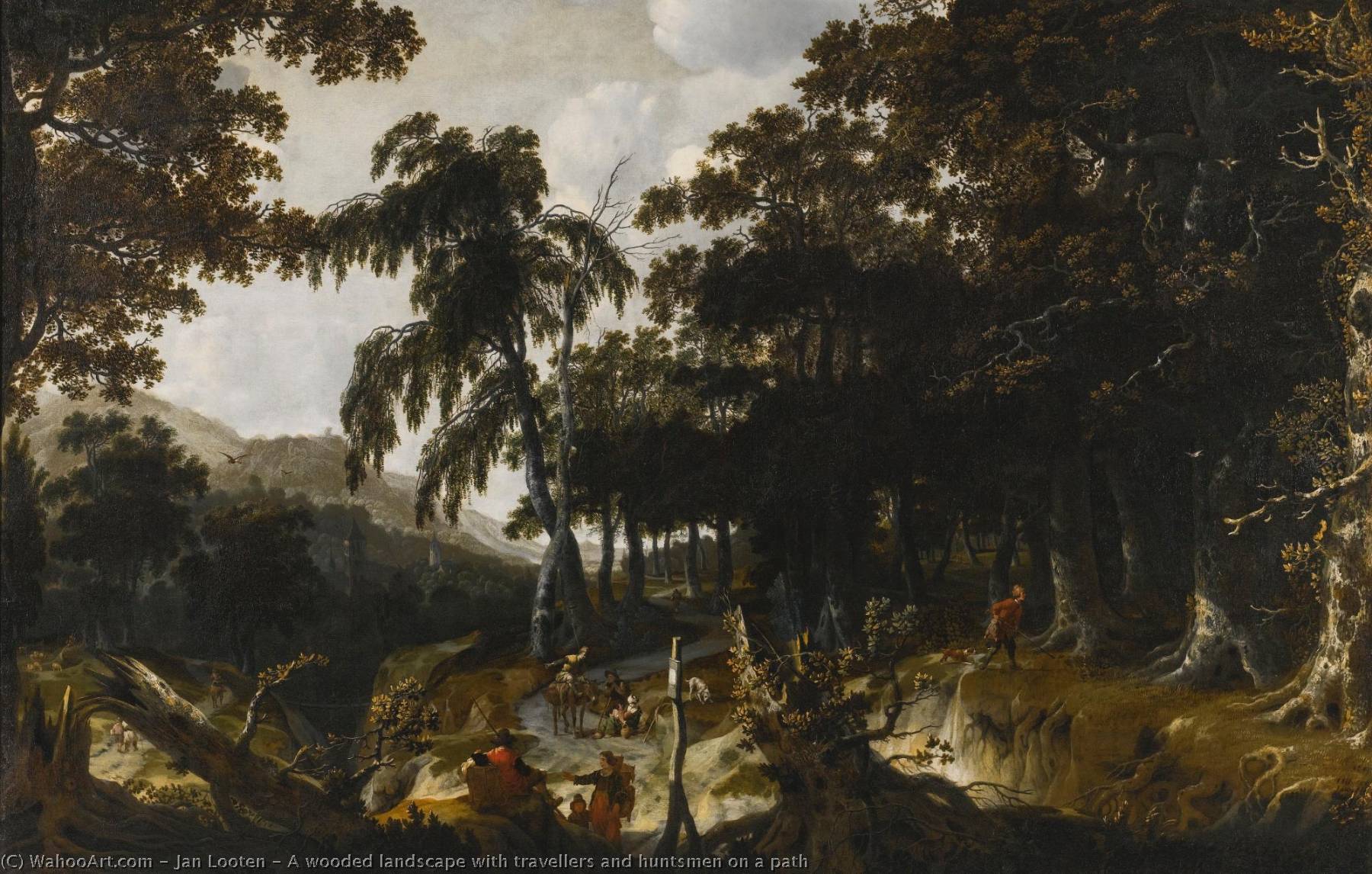 Buy Museum Art Reproductions A wooded landscape with travellers and huntsmen on a path by Jan Looten (1618-1681) | ArtsDot.com