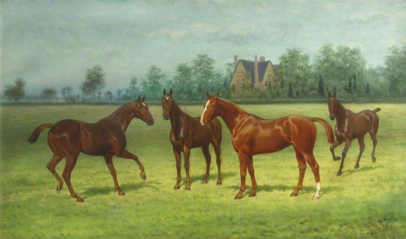 `Lockey`, `Lady Abbess`, `Beatrice` and `Mahomet` Four Horses in a Field, 1917 by Thomas Hall Thomas Hall | ArtsDot.com
