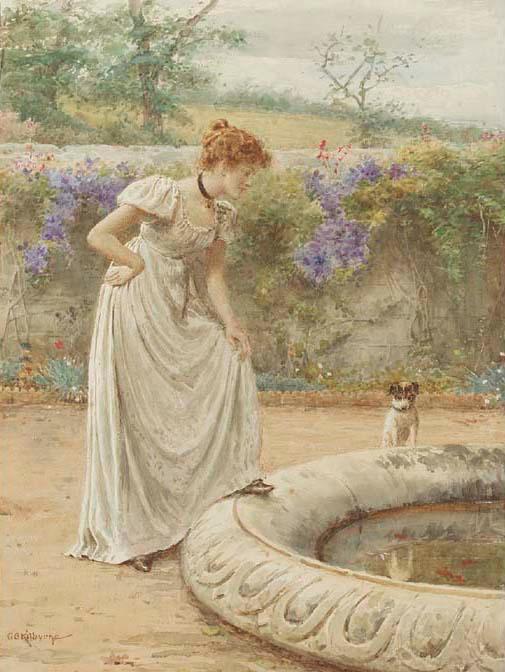 Order Art Reproductions A lady and her dog looking into a fish pond by George Goodwin Kilburne (1839-1924, United Kingdom) | ArtsDot.com