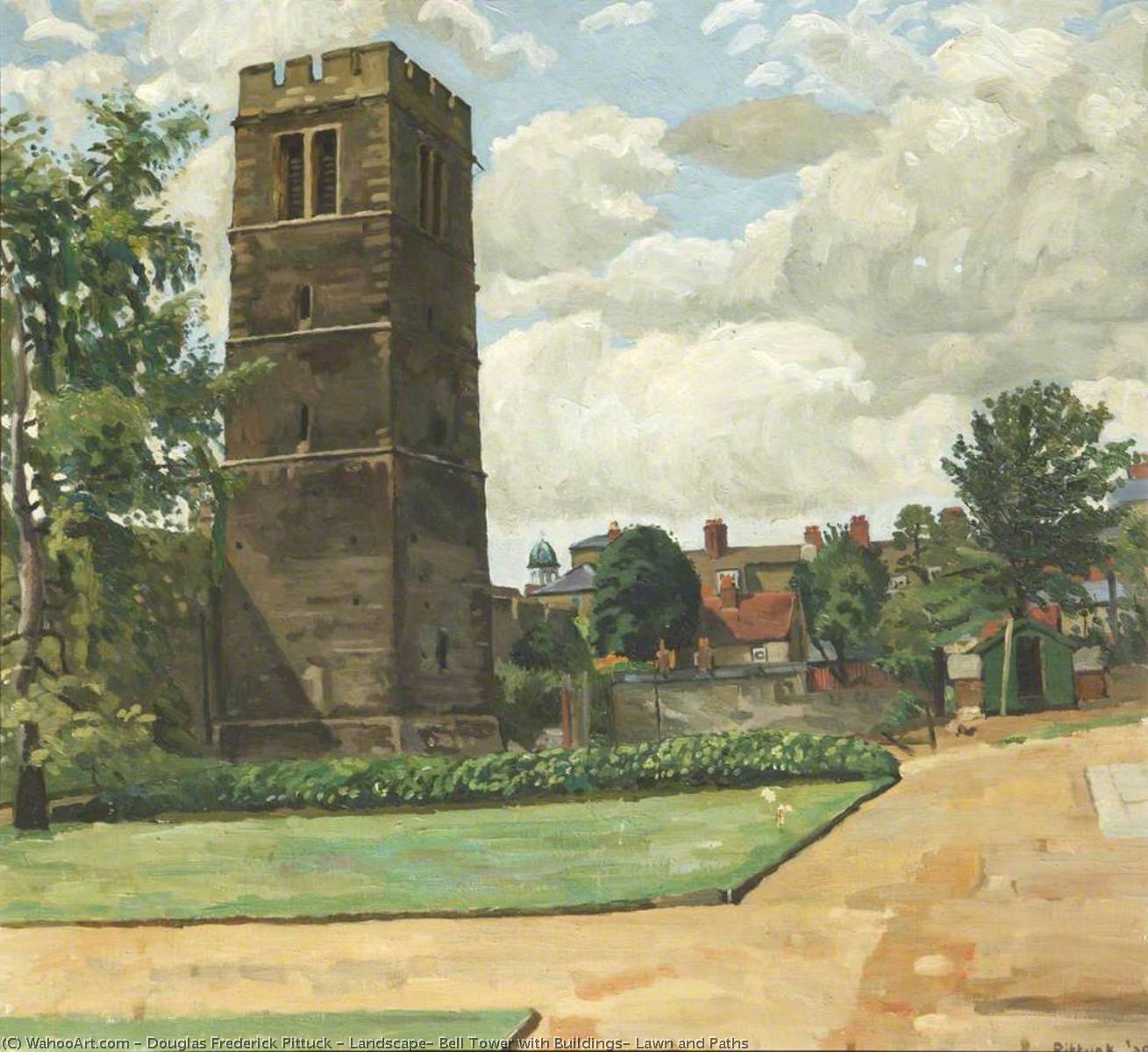 Order Paintings Reproductions Landscape, Bell Tower with Buildings, Lawn and Paths, 1938 by Douglas Frederick Pittuck (Inspired By) (1911-1993) | ArtsDot.com