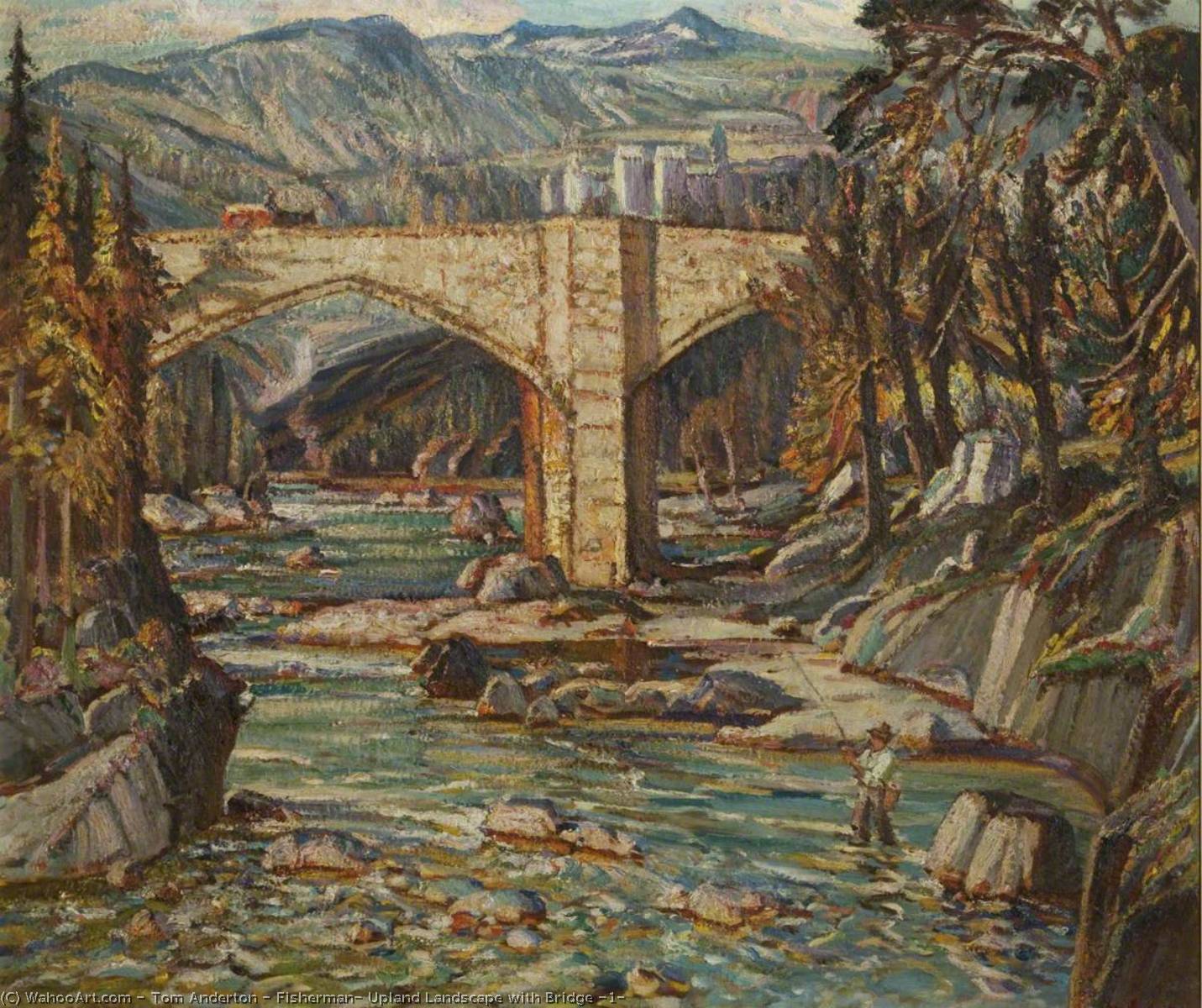 Buy Museum Art Reproductions Fisherman, Upland Landscape with Bridge (1), 1950 by Tom Anderton (Inspired By) (1894-1956) | ArtsDot.com