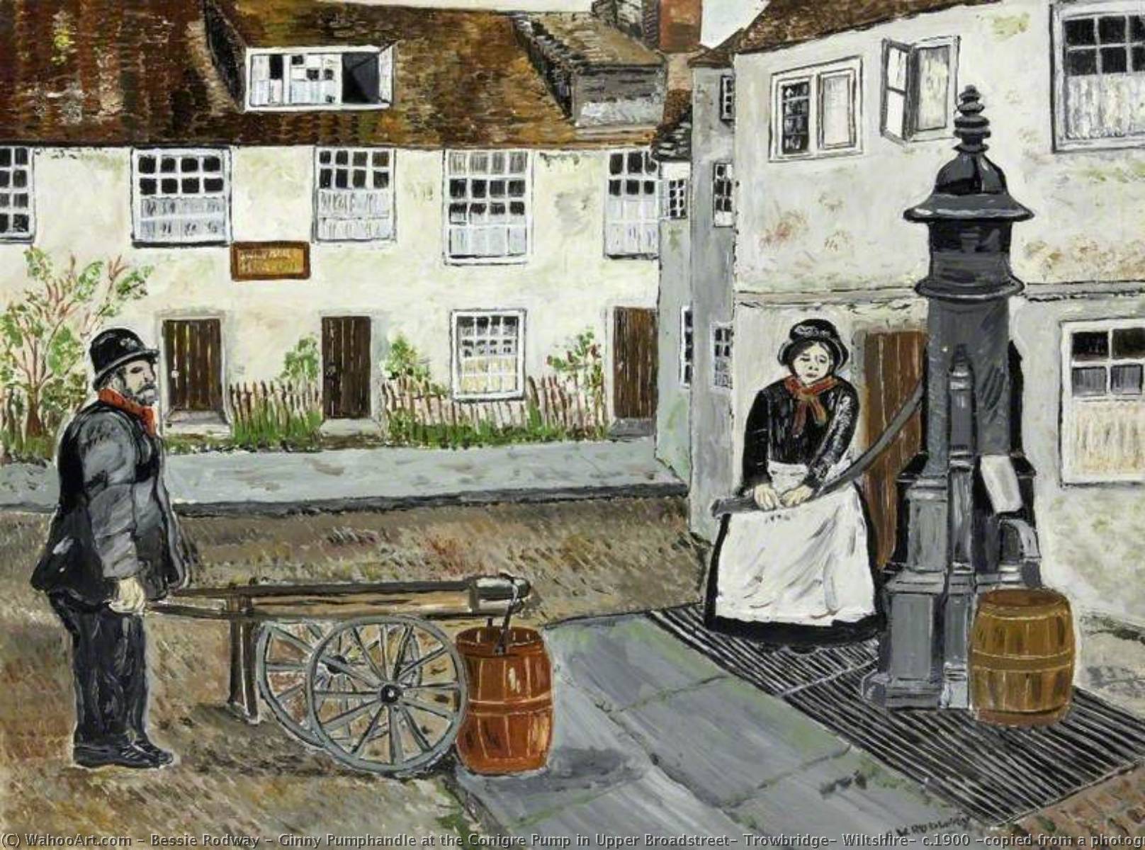 Buy Museum Art Reproductions Ginny Pumphandle at the Conigre Pump in Upper Broadstreet, Trowbridge, Wiltshire, c.1900 (copied from a photograph or postcard) by Bessie Rodway (Inspired By) (1901-1996) | ArtsDot.com
