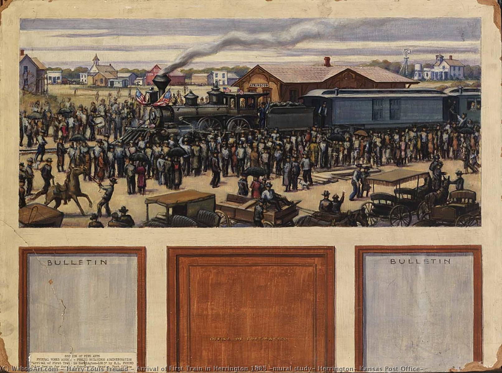 Arrival of First Train in Herrington 1885 (mural study, Herrington, Kansas Post Office), 1937 by Harry Louis Freund Harry Louis Freund | ArtsDot.com