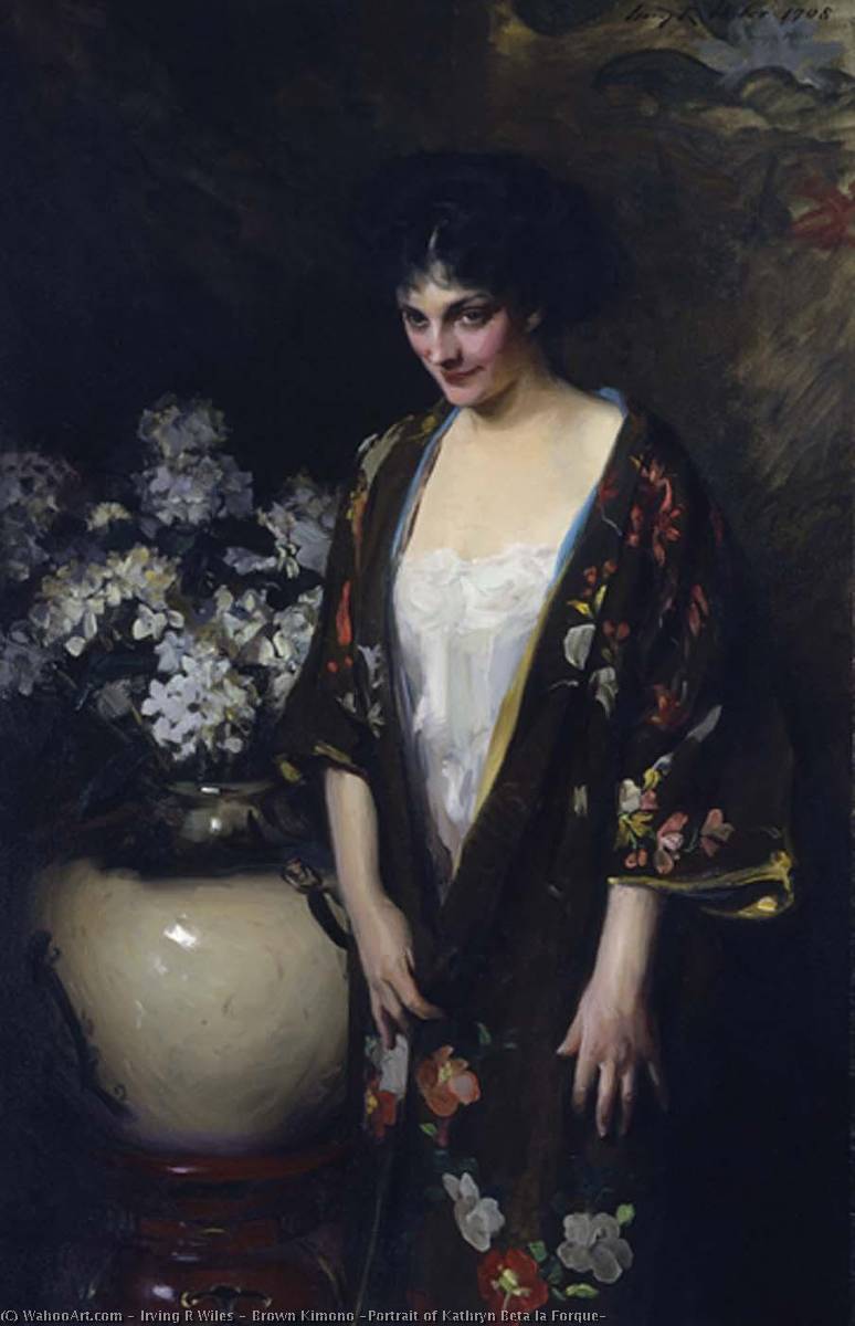 Order Art Reproductions Brown Kimono (Portrait of Kathryn Beta la Forque), 1908 by Irving Ramsey Wiles (1861-1948, United States) | ArtsDot.com