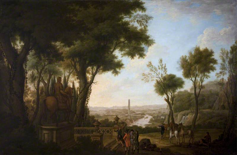 Buy Museum Art Reproductions A View of the River Boyne with Gentlemen and Horses by a Statue to William III in the Foreground, the Boyne Obelisk Beyond, 1757 by Thomas Mitchell (1735-1790) | ArtsDot.com