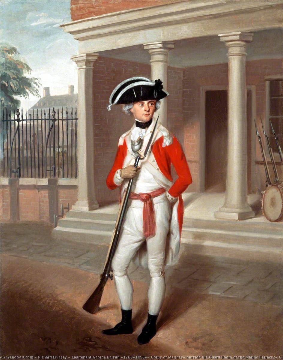 Order Oil Painting Replica Lieutenant George Belson (1763–1855), Corps of Marines, outside the Guard Room of the Marine Barracks, Chatham, 1780 by Richard Livesay (1750-1823) | ArtsDot.com