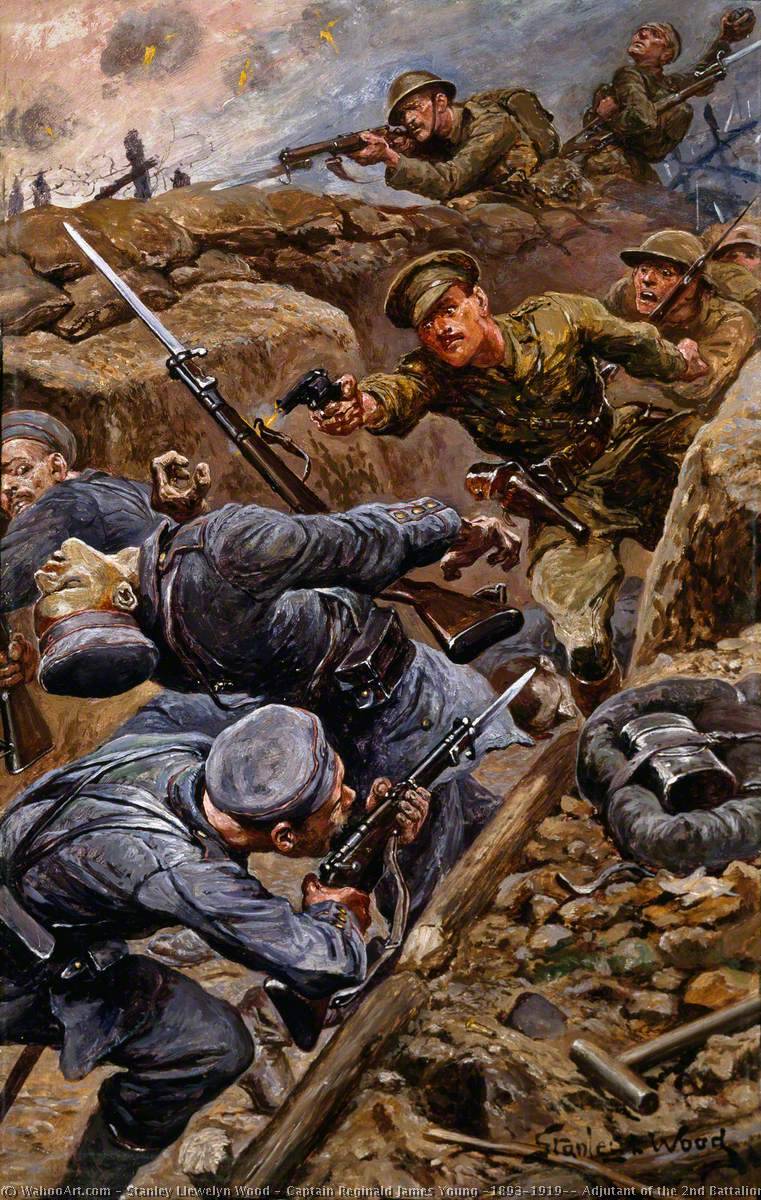 Order Oil Painting Replica Captain Reginald James Young (1893–1919), Adjutant of the 2nd Battalion, The Duke of Cambridge’s Own (Middlesex Regiment), Winning the Military Cross during the Battle of the Somme, 1916, 1916 by Stanley Llewelyn Wood (1866-1928) | ArtsDot.com