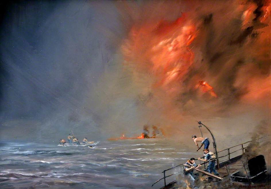 Seamen Jumping from a Torpedoed Oiltanker, North Atlantic, Second World War 通过 John Alan Hamilton (1919-1993) John Alan Hamilton | ArtsDot.com