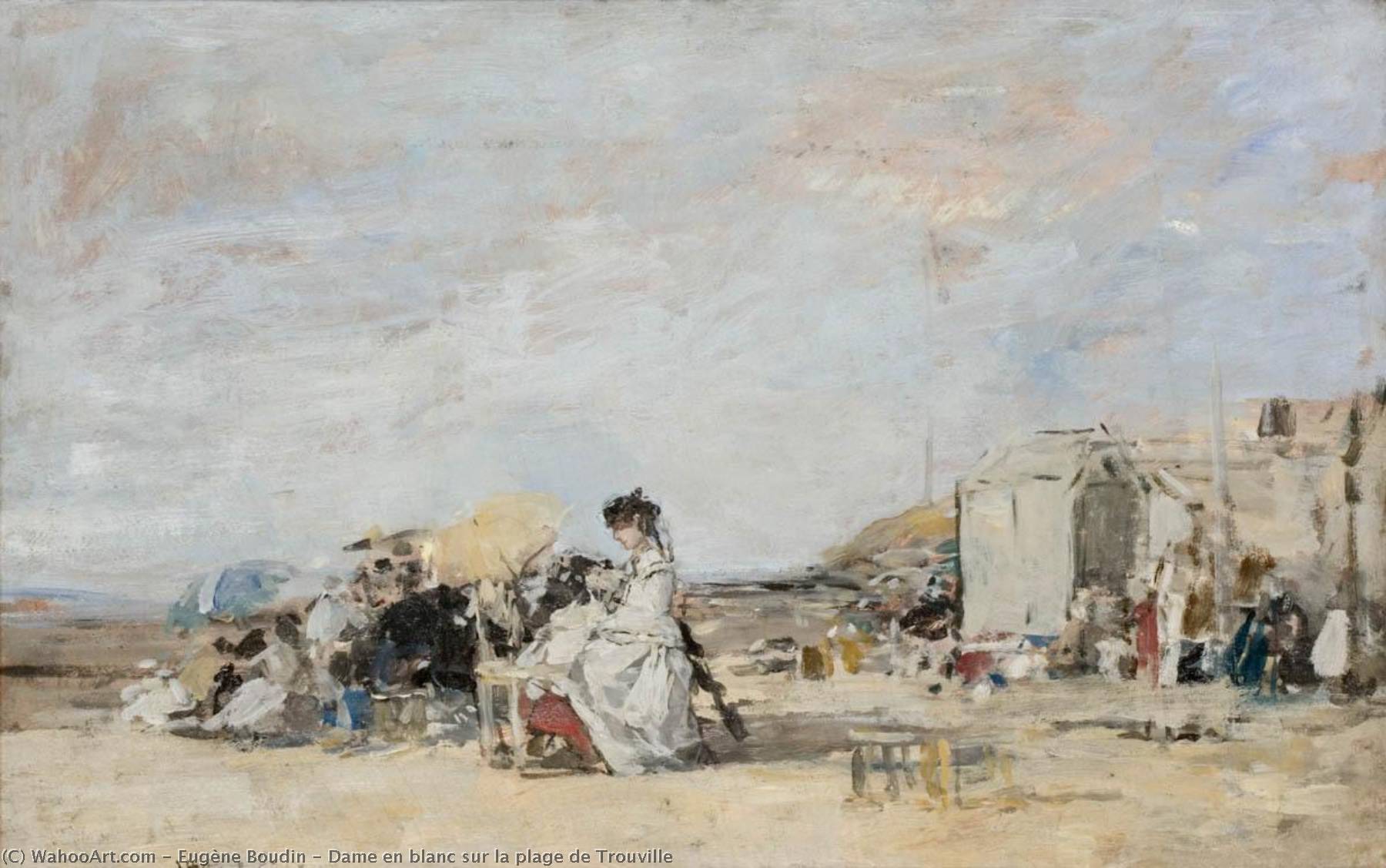 Order Paintings Reproductions Dame en blanc sur la plage de Trouville by Eugène Louis Boudin (1824-1898, France) | ArtsDot.com