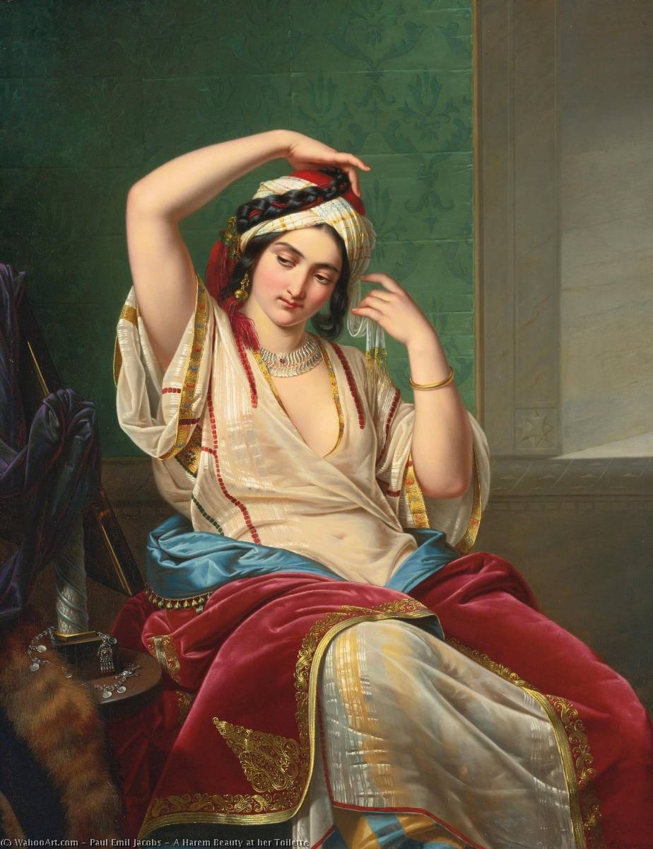 Order Oil Painting Replica A Harem Beauty at her Toilette by Paul Emil Jacobs (1802-1866) | ArtsDot.com