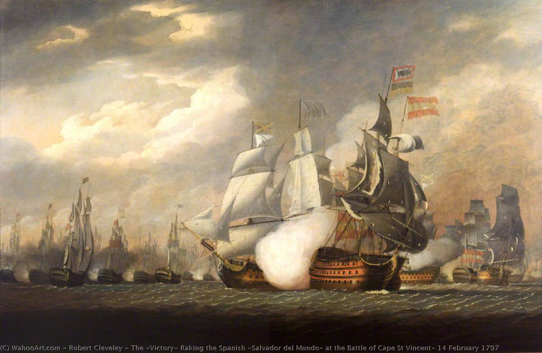 Order Oil Painting Replica The `Victory` Raking the Spanish `Salvador del Mundo` at the Battle of Cape St Vincent, 14 February 1797, 1798 by Robert Cleveley (1747-1809) | ArtsDot.com
