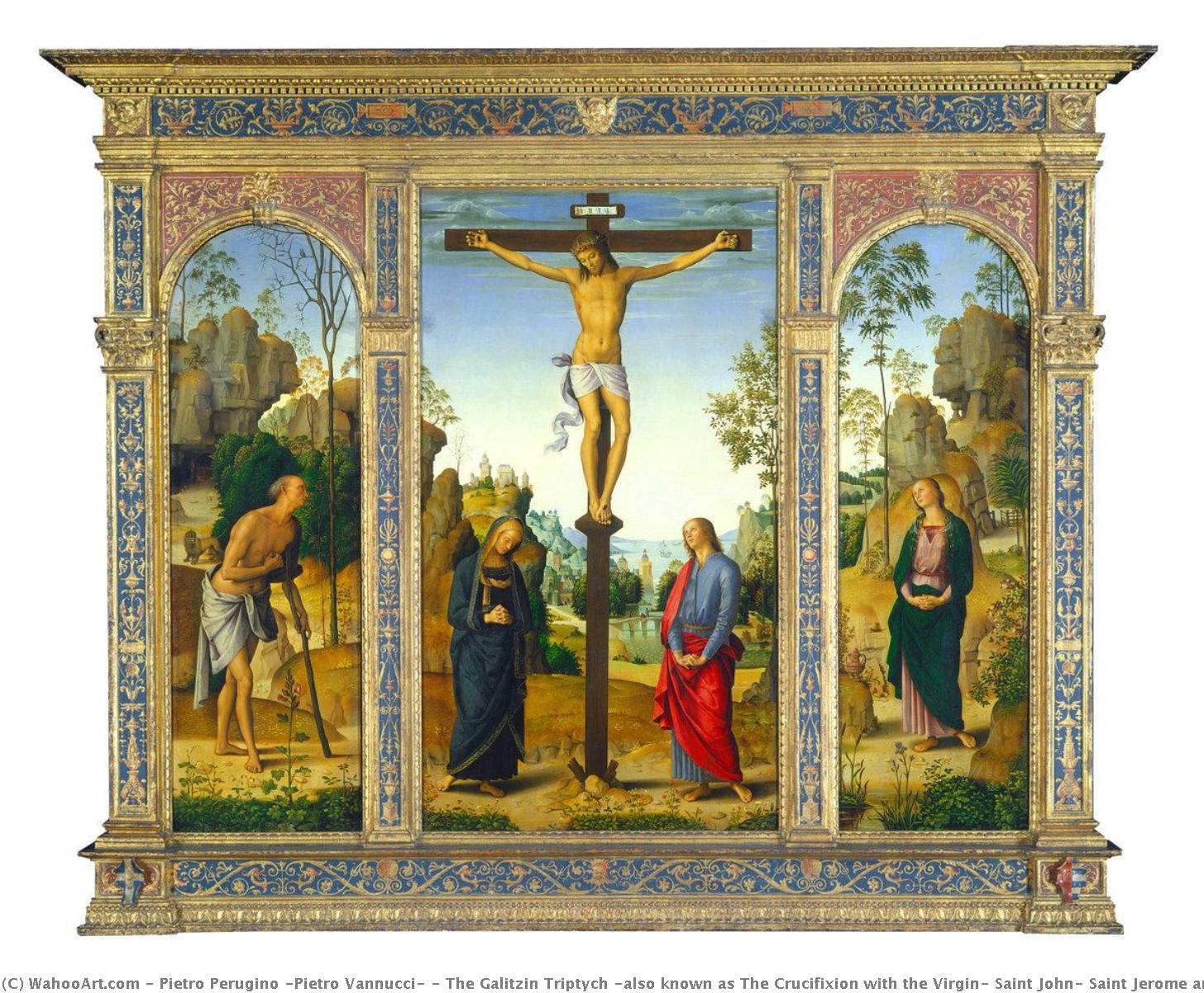 Order Oil Painting Replica The Galitzin Triptych (also known as The Crucifixion with the Virgin, Saint John, Saint Jerome and Mary Magdalene), 1485 by Pietro Perugino (Pietro Vannucci) (1446-1523) | ArtsDot.com