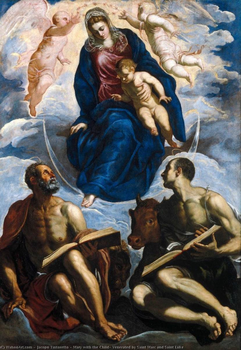 Order Oil Painting Replica Mary with the Child, Venerated by Saint Marc and Saint Luke, 1570 by Jacopo Tintoretto (1518-1594) | ArtsDot.com