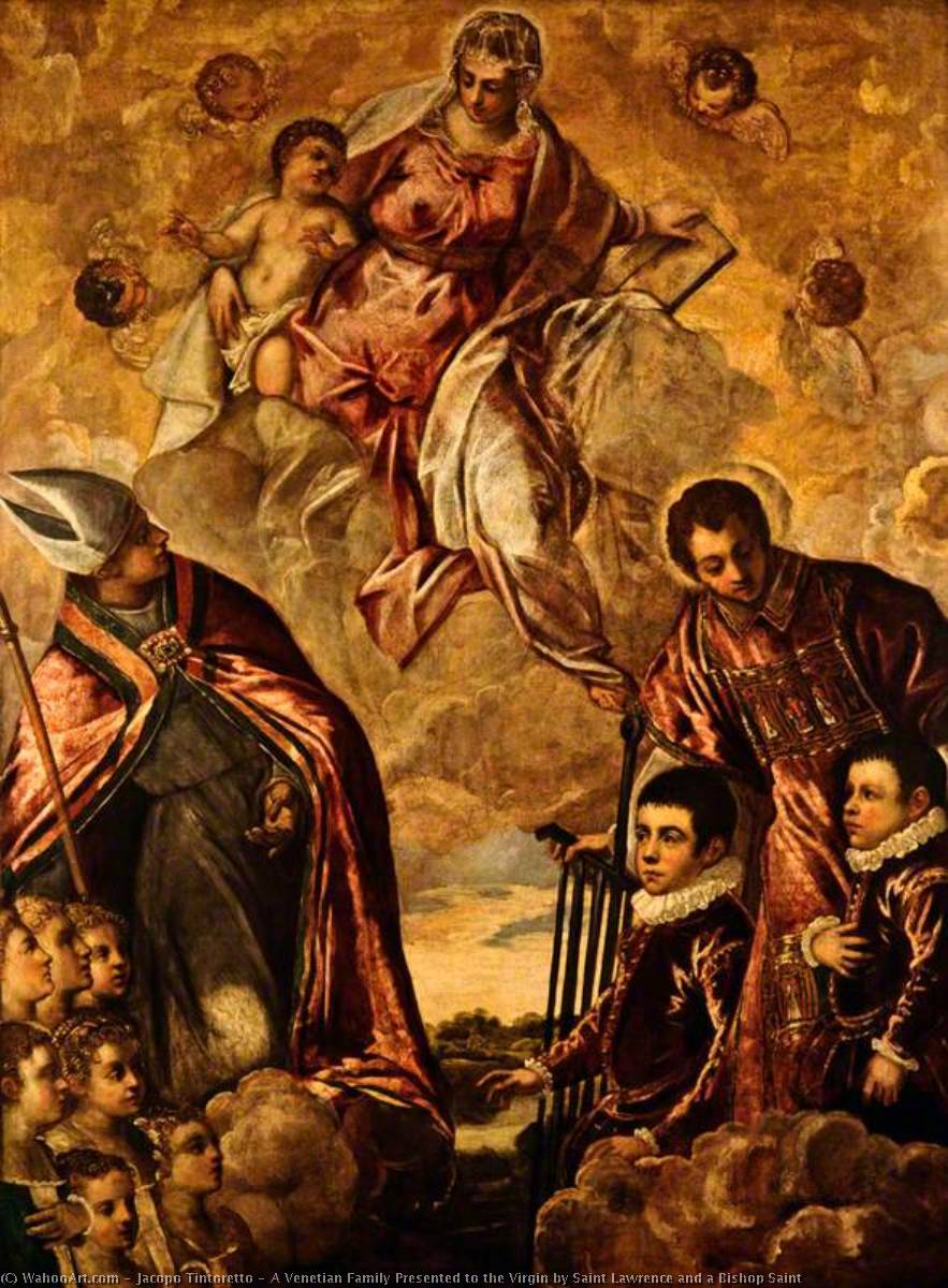 Buy Museum Art Reproductions A Venetian Family Presented to the Virgin by Saint Lawrence and a Bishop Saint, 1590 by Jacopo Tintoretto (1518-1594) | ArtsDot.com