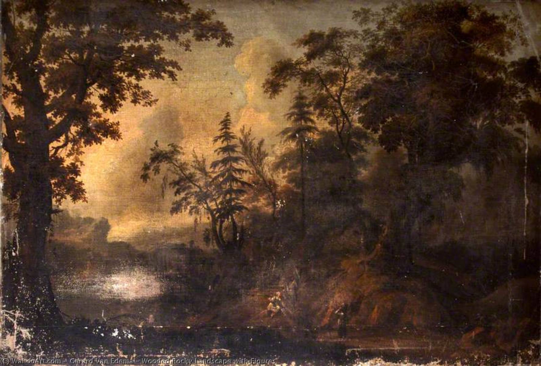 Buy Museum Art Reproductions Wooded Rocky Landscape with Figures by Gerard Van Edema (1652-1700) | ArtsDot.com