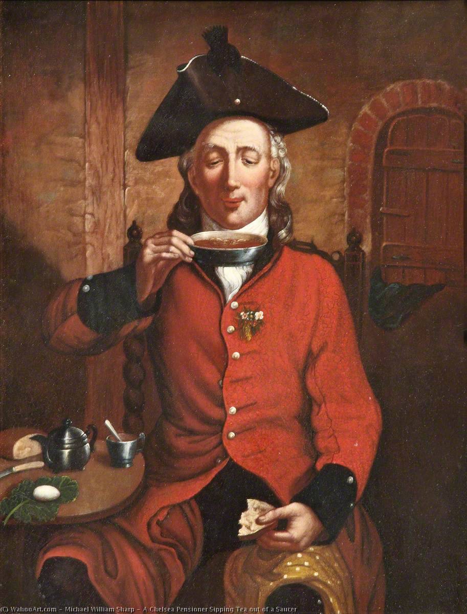 Get Paintings Reproductions A Chelsea Pensioner Sipping Tea out of a Saucer by Michael William Sharp (1776-1840) | ArtsDot.com