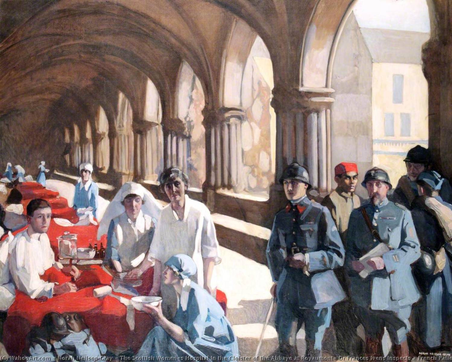 Order Artwork Replica The Scottish Women`s Hospital In the Cloister of the Abbaye at Royaumont, Dr Frances Ivens Inspects a French Patient, 1920 by Norah Neilson Gray (1882-1931) | ArtsDot.com